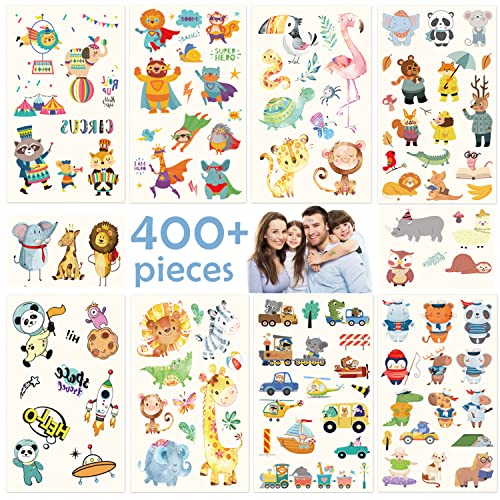 Sugeru® 400+ Tattoo Kinder Hautfreundlich,Bunter Mix Tatoos Aufkleben Sticker Kids,Kinder Tattoos Jungen Mädchen,Mitgebsel Kindergeburtstag//Sojabohnenextrakt–Natürliche Sichere Inhaltsstoffe(Tiere) von Sugeru