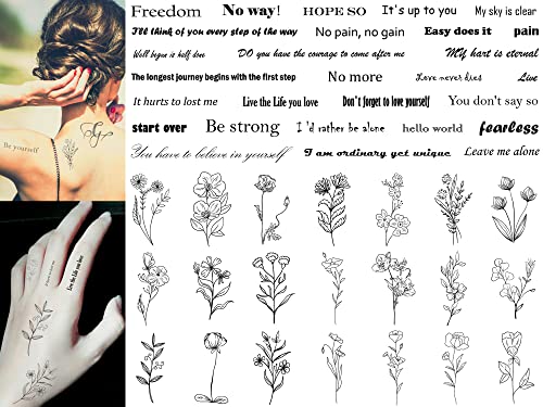 SUGERU® 54 Blatt Realistische Temporäre Tattoos, Löschbar Dauerhaft Wasserfest Fake Tattoos, 24 stk Inspirierende Zitate Worte + 30 stk Blumen Ink Line,Tattoos zum aufkleben erwachsene Damen Kinder von Sugeru