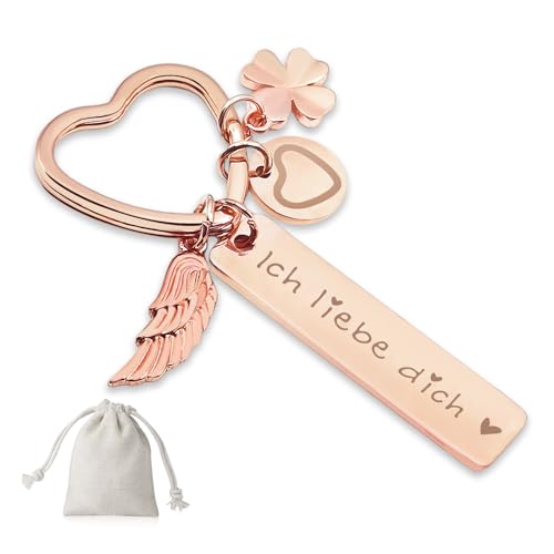 Sugeru Herz Schlüsselanhänger - Gravierte Schriftart | schutzenge l schlüsselanhänger auto personalisiert | geschenke für Führerschein Geburtstag Frauen Freundin Mama Tochter (Rosé-Ich liebe dich!) von Sugeru