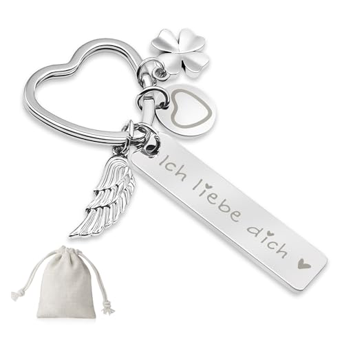 Sugeru Herz Schlüsselanhänger - Gravierte Schriftart | schutzenge l schlüsselanhänger auto personalisiert | geschenke für Führerschein Geburtstag Frauen Freundin Mama Tochter (Silber-Ich liebe dich!) von Sugeru