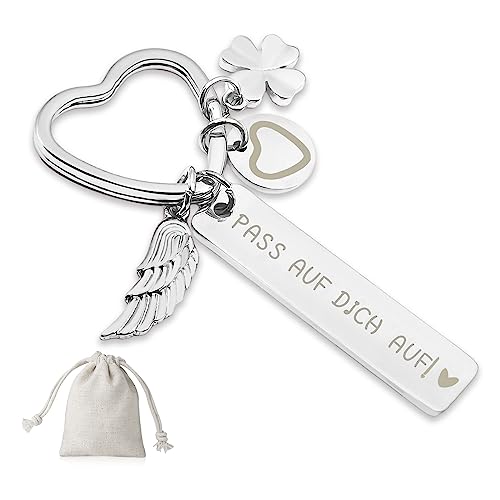 Sugeru Herz Schlüsselanhänger | Pass auf dich auf! | schutzengel schlüsselanhänger auto personalisiert | geschenke für Führerschein Geburtstag Weihnachten Frauen Freundin Mama Tochter | Silber von Sugeru