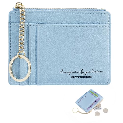 Sugeru Portemonnaie Damen Mini,Kleine PU Leder Geldbörse mit Reißverschluss,viele Fächer,Schlüsselanhänger,Zipper Portmonee mit 8Kartenfächern,Schmal Minimalistischer Kartenetui (Hellblau) von Sugeru