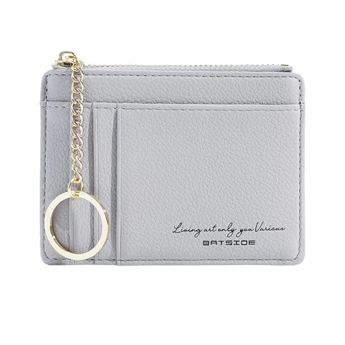 Sugeru Portemonnaie Damen Mini,Kleine PU Leder Geldbörse Damen mit Reißverschluss,viele Fächer,Schlüsselanhänger,Zipper Portmonee Damen mit 8Kartenfächern,Schmal Minimalistischer Kartenetui (Grau) von Sugeru