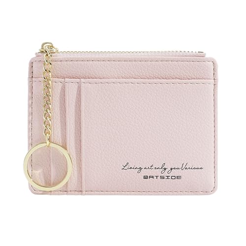 Sugeru Portemonnaie Damen Mini,Kleine PU Leder Geldbörse mit Reißverschluss,viele Fächer,Schlüsselanhänger,Zipper Portmonee mit 8Kartenfächern,Schmal Minimalistischer Kartenetui (Rosa) von Sugeru