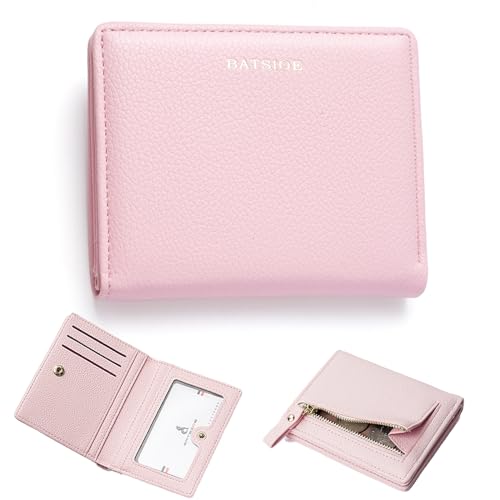 Sugeru Portemonnaie Kleines Mini Kurzer Damen aus Weichem PU Leder mit Schnappverschluss | Geldbörse Damen Viele Fächer,Kreditkartenetui,Ausweisfenster,Münzfach Zipper,Geldbeutel Kurzformat (Rosa) von Sugeru