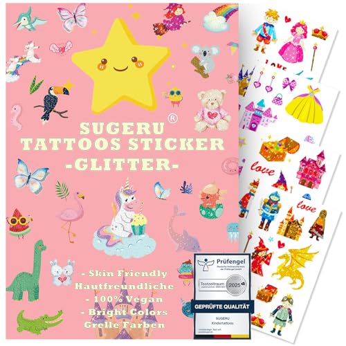 Sugeru 100+ Tattoo Kinder Hautfreundlich,Glitzer Tattoos Aufkleben Sticker Kids Kinder Mädchen,Mitgebsel Kindergeburtstag//Sojabohnenextrakt–Natürliche Sichere Inhaltsstoffe (Glänzend-Prinzessin) von Sugeru