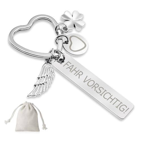 Sugeru Herz Schlüsselanhänger - Gravierte Schriftart | schutzenge l schlüsselanhänger auto personalisiert | geschenke Führerschein Geburtstag Frauen Freundin Mama Tochter (Silber-Fahr Vorischtig!) von Sugeru