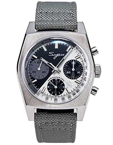 Sugess S419BW Herren-Armbanduhr, Chrono Heritage, schwarzweißes Zifferblatt, Nylon, Leder, mechanisch, Möwe 1963, silber von Sugess