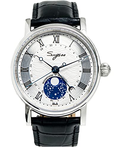 Sugess SU2108SK MoonPhase Master Seagull ST2108 Uhrwerk Saphir Kristall Herren Automatik Mechanische Armbanduhr 1963, silber, 40 mm, Riemen von Sugess