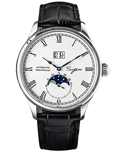 Sugess SU2528SS MoonPhase Master Seagull ST2528 Uhrwerk Saphirglas Herren Automatik Mechanische Uhr 1963, Schwarz , 41 mm, Armband von Sugess