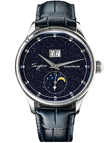 SU2528STRA Blau Goldstein Stardust Zifferblatt Mondphase Master Seagull ST2528 Saphir Herren Automatik Mechanische Armbanduhr 1963, blau, 41 mm, Riemen von Sugess