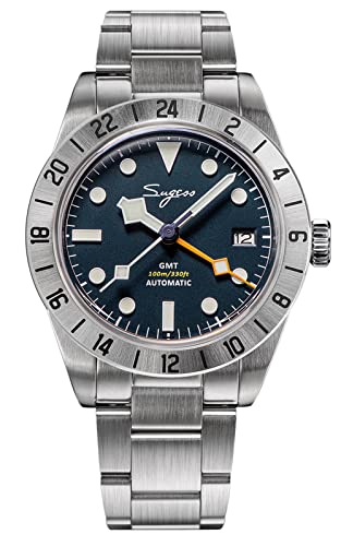 SUGESS GMT, Blau, NH34, gewölbter Saphir, Lume, 100 m, Mikro-Verstellverschluss, blau, Armband von Sugess