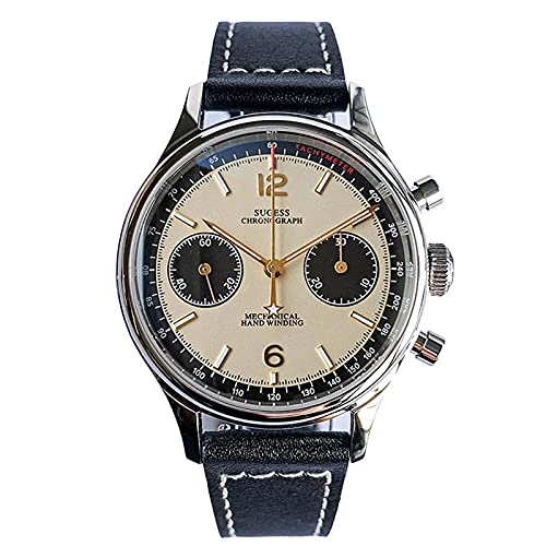 Sugess Chronograph Herrenuhren Möwe 1963 Mechanisches Uhrwerk Panda Lässig Klassisch Edelstahl Armbanduhren Wasserdicht Leuchtend Uhren mit Lederarmband für Männer Geschenke von Sugess