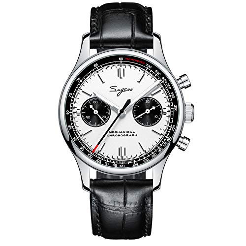 Sugess Chronograph Herrenuhren Möwe 1963 Mechanisches Uhrwerk Panda Lässig Klassisch Edelstahl Armbanduhren Wasserdicht Leuchtend Uhren mit Lederarmband für Männer Geschenke von Sugess