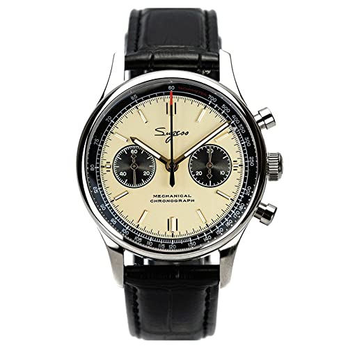 Sugess Chronograph Herrenuhren Möwe ST1901 Mechanisches Uhrwerk Panda Lässig Klassisch Edelstahl Armbanduhren Wasserdicht Leuchtend Uhren mit Lederarmband für Männer Geschenke(40MM Beige nicht Schwan) von Sugess