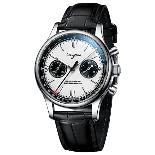 Sugess Chronograph Herrenuhren Möwe ST1901 Mechanisches Uhrwerk Panda Lässig Klassisch Edelstahl Armbanduhren Wasserdicht Leuchtend Uhren mit Lederarmband für Männer Geschenke(40MM Weiß Nicht Schwan) von Sugess