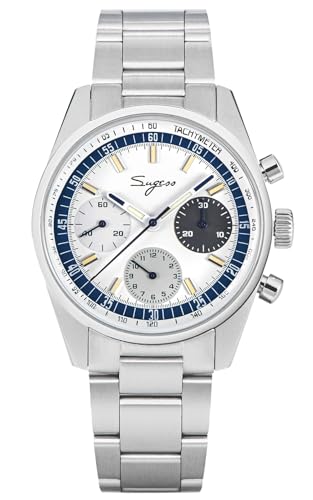 Sugess Seagull ST1902 Panda 38 mm weiß-blauer Chronograph mit gewölbtem Saphir 1963 Armband und Leinwand, weiß, Armband von Sugess