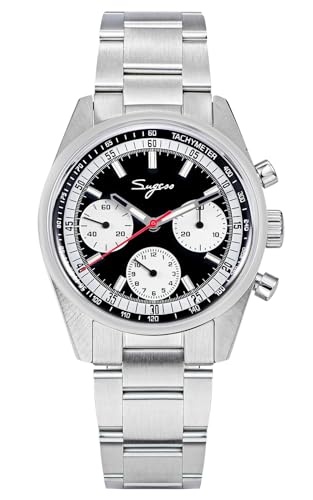 Sugess Seagull ST1902 Panda-Chronograph, gewölbter Saphir, 38 mm, schwarzes Armband und Leinwand, Schwarz , Modern von Sugess