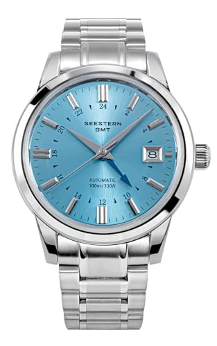 Sugess Seestern GMT, NH34, hellblau, gewölbtes Saphirglas, Ausstellungsgehäuse, Armband und Leder, blau von Sugess