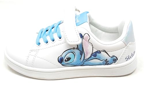 Kinderschuhe mit Stitch, weiße Sneakers mit elastischen hellblauen Schnürsenkeln und Klettverschluss mit weißer Sohle, Weiß, 35 EU von Sugi International