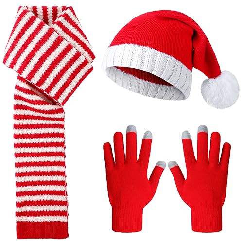 Suhine 3 Stück Weihnachten Gestrickte Nikolausmütze Set Einschließlich Weihnachtsmütze Strick Gestreifter Schal und Handschuhe für Xmas Mädchen Frauen Männer Party Winter Jungen, Rot und weiß, as von Suhine