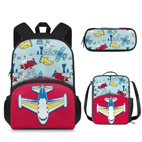 Suhoaziia 3-in-1-Schultaschen-Rucksack mit Lunchtasche und Federmäppchen, für Jungen und Mädchen, Laptop-Tasche, Reiserucksack, Studententasche, 3-in-1, Cartoon-Flugzeuge, Tagesrucksäcke von Suhoaziia