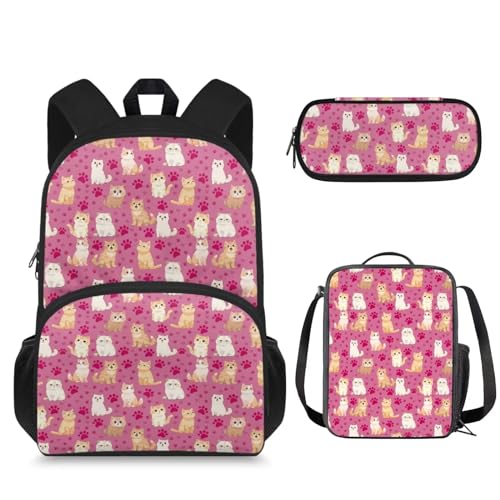 Suhoaziia 3-in-1-Schultaschen-Rucksack mit Lunchtasche und Federmäppchen, für Jungen und Mädchen, Laptop-Tasche, Reiserucksack, Studententasche, 3-in-1, Cartoon-Katzen, Rosa, Tagesrucksäcke von Suhoaziia