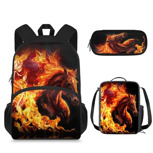 Suhoaziia 3-in-1-Schultaschen-Rucksack mit Lunchtasche und Federmäppchen, für Jungen und Mädchen, Laptop-Tasche, Reiserucksack, Studententasche, 3-in-1, Fire Flame Horse, Tagesrucksäcke von Suhoaziia