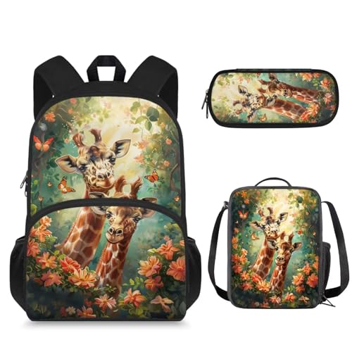 Suhoaziia 3-in-1-Schultaschen-Rucksack mit Lunchtasche und Federmäppchen, für Jungen und Mädchen, Laptop-Tasche, Reiserucksack, Studententasche, 3-in-1, Giraffenwald-Blume, Tagesrucksäcke von Suhoaziia