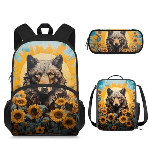 Suhoaziia 3-in-1-Schultaschen-Rucksack mit Lunchtasche und Federmäppchen, für Jungen und Mädchen, Laptop-Tasche, Reiserucksack, Studententasche, 3-in-1, Sonnenblumen-Wolf, Tagesrucksack von Suhoaziia