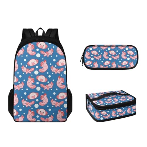 Suhoaziia 3-teiliges Kinder-Schulranzen-Rucksack-Set mit Lunchbox und Federmäppchen für Grundschulen, Büchertaschen für Mädchen, Jungen, Teenager 6–16, Cartoon Axolotl, Tagesrucksäcke von Suhoaziia