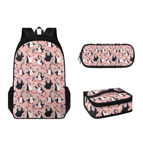 Suhoaziia 3-teiliges Kinder-Schulranzen-Rucksack-Set mit Lunchbox und Federmäppchen für Grundschulen, Büchertaschen für Mädchen, Jungen, Teenager 6–16, Cartoon-Pinguine, Tagesrucksäcke von Suhoaziia