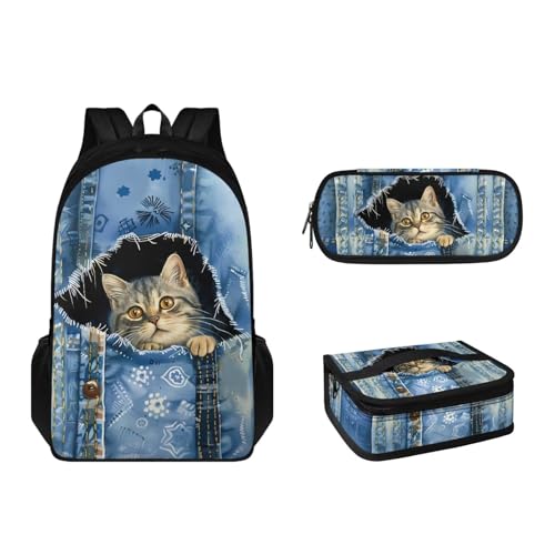 Suhoaziia 3-teiliges Kinder-Schulranzen-Rucksack-Set mit Lunchbox und Federmäppchen für Grundschulen, Büchertaschen für Mädchen, Jungen, Teenager 6–16, Denim Cat, Tagesrucksack von Suhoaziia