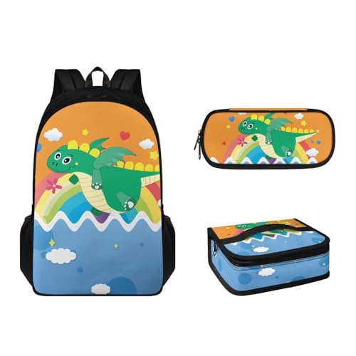 Suhoaziia 3-teiliges Kinder-Schulranzen-Rucksack-Set mit Lunchbox und Federmäppchen für Grundschulen, Büchertaschen für Mädchen, Jungen, Teenager 6–16, Dinosaurier, Tagesrucksäcke von Suhoaziia