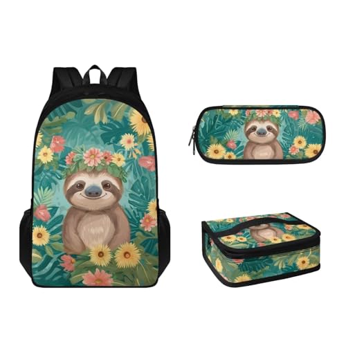 Suhoaziia 3-teiliges Kinder-Schulranzen-Rucksack-Set mit Lunchbox und Federmäppchen für Grundschulen, Büchertaschen für Mädchen, Jungen, Teenager 6–16, Faultier-Blume, Tagesrucksack von Suhoaziia