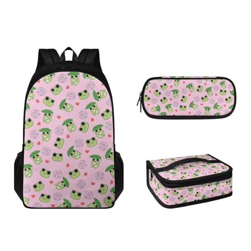 Suhoaziia 3-teiliges Kinder-Schulranzen-Rucksack-Set mit Lunchbox und Federmäppchen für Grundschulen, Büchertaschen für Mädchen, Jungen, Teenager 6–16, Grüne Frösche, Tagesrucksäcke von Suhoaziia