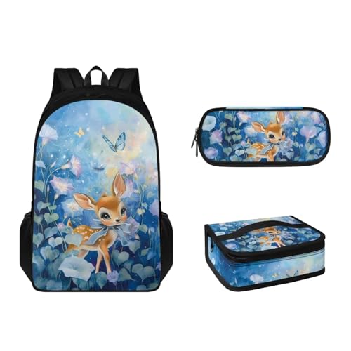 Suhoaziia 3-teiliges Kinder-Schulranzen-Rucksack-Set mit Lunchbox und Federmäppchen für Grundschulen, Büchertaschen für Mädchen, Jungen, Teenager 6–16, Hirschblumen, Tagesrucksäcke von Suhoaziia