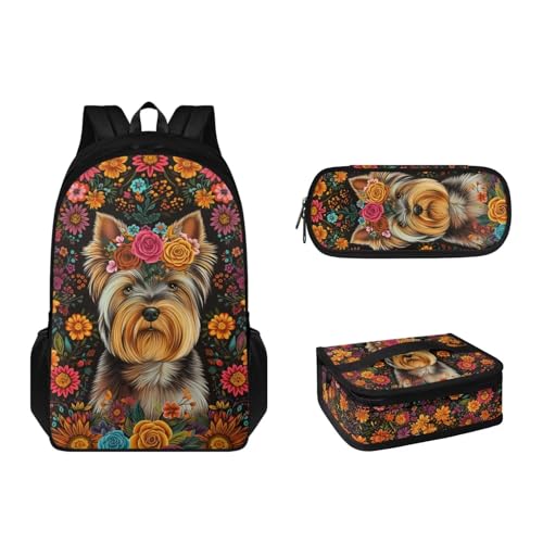 Suhoaziia 3-teiliges Kinder-Schulranzen-Rucksack-Set mit Lunchbox und Federmäppchen für Grundschulen, Büchertaschen für Mädchen, Jungen, Teenager 6–16, Hund Floral, Tagesrucksäcke von Suhoaziia