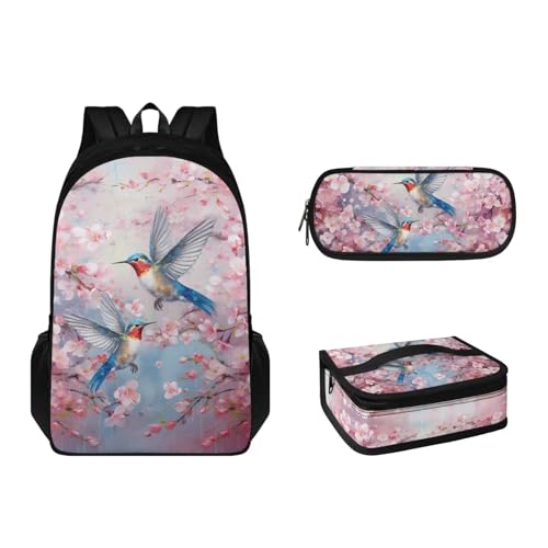 Suhoaziia 3-teiliges Kinder-Schulranzen-Rucksack-Set mit Lunchbox und Federmäppchen für Grundschulen, Büchertaschen für Mädchen, Jungen, Teenager 6–16, Kolibri-Kirschblüte, Tagesrucksäcke von Suhoaziia