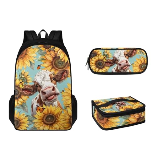 Suhoaziia 3-teiliges Kinder-Schulranzen-Rucksack-Set mit Lunchbox und Federmäppchen für Grundschulen, Büchertaschen für Mädchen, Jungen, Teenager 6–16, Kuh-Sonnenblumenmuster, Tagesrucksäcke von Suhoaziia