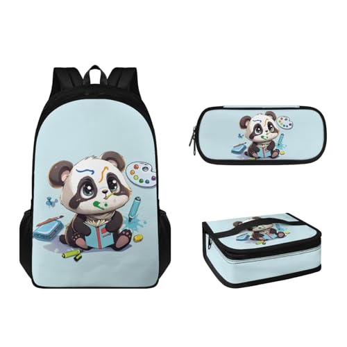 Suhoaziia 3-teiliges Kinder-Schulranzen-Rucksack-Set mit Lunchbox und Federmäppchen für Grundschulen, Büchertaschen für Mädchen, Jungen, Teenager 6–16, Panda, Tagesrucksäcke von Suhoaziia