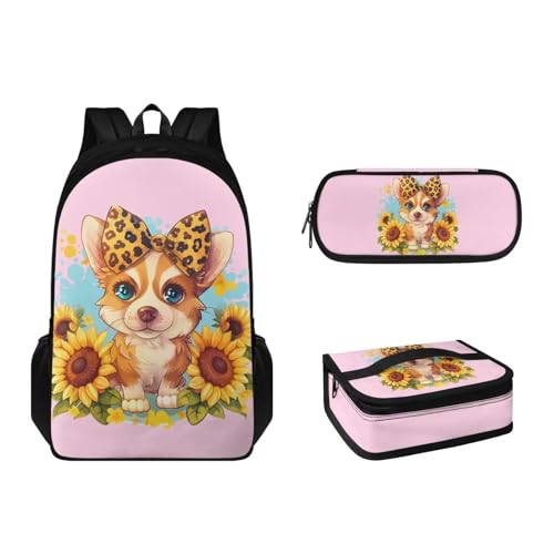 Suhoaziia 3-teiliges Kinder-Schulranzen-Rucksack-Set mit Lunchbox und Federmäppchen für Grundschulen, Büchertaschen für Mädchen, Jungen, Teenager 6–16, Sonnenblumen-Corgi, Tagesrucksäcke von Suhoaziia