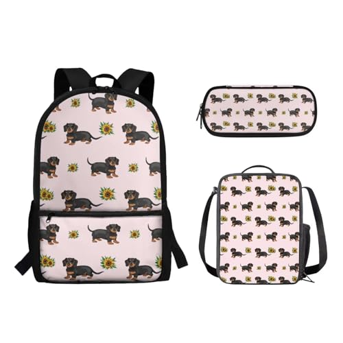 Suhoaziia 3-teiliges Kinder-Schulrucksack-Set mit isolierter Lunchtasche, Federmäppchen, Grundschule, Mittelhochschüler, Rucksack, Büchertasche, Cartoon-Dackel, Sonnenblume, Tagesrucksäcke von Suhoaziia