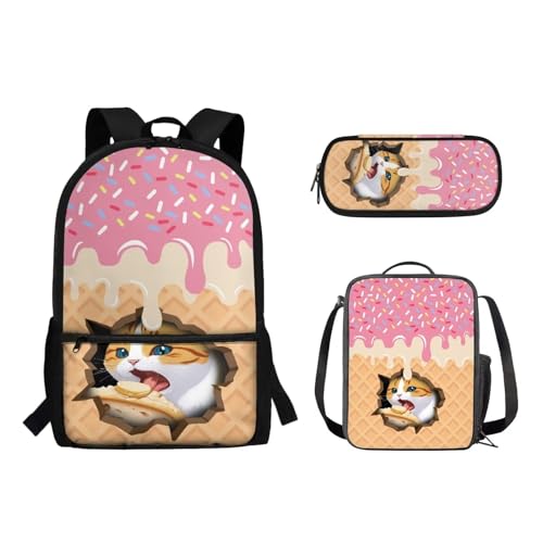 Suhoaziia 3-teiliges Kinder-Schulrucksack-Set mit isolierter Lunchtasche, Federmäppchen, Grundschule, Mittelhochschüler, Rucksack, Büchertasche, Eiscreme-Katze, Tagesrucksäcke von Suhoaziia