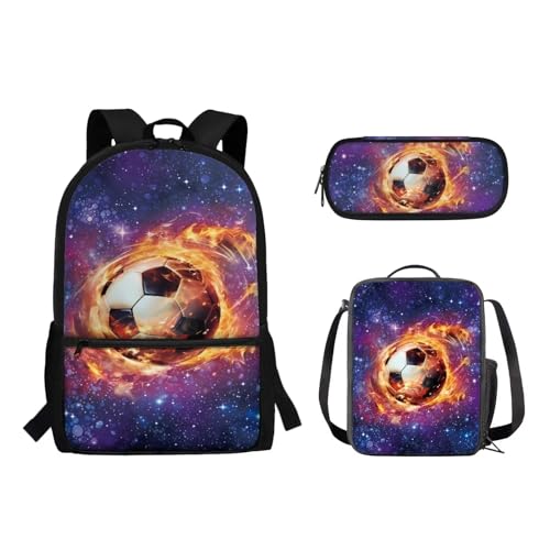 Suhoaziia 3-teiliges Kinder-Schulrucksack-Set mit isolierter Lunchtasche, Federmäppchen, Grundschule, Mittelhochschüler, Rucksack, Büchertasche, Fire Flame Soccer, Tagesrucksäcke von Suhoaziia