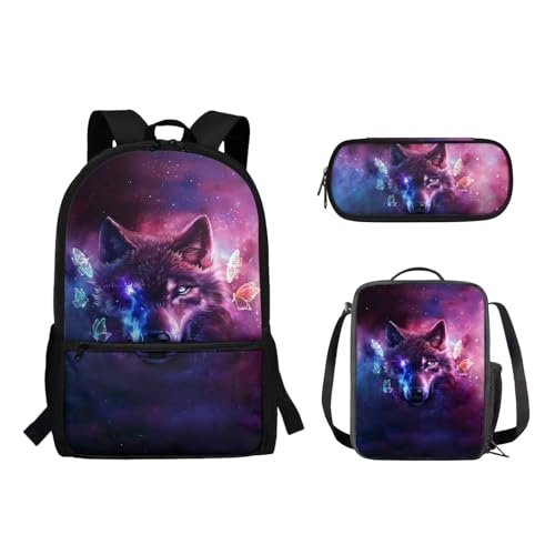 Suhoaziia 3-teiliges Kinder-Schulrucksack-Set mit isolierter Lunchtasche, Federmäppchen, Grundschule, Mittelhochschüler, Rucksack, Büchertasche, Galaxy Wolf, Tagesrucksäcke von Suhoaziia