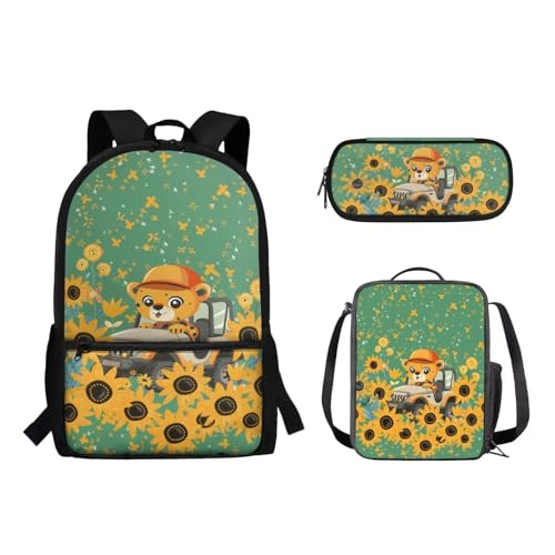 Suhoaziia 3-teiliges Kinder-Schulrucksack-Set mit isolierter Lunchtasche, Federmäppchen, Grundschule, Mittelhochschüler, Rucksack, Büchertasche, Leopardenfahrer, Tagesrucksäcke von Suhoaziia