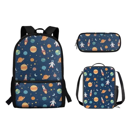 Suhoaziia 3-teiliges Kinder-Schulrucksack-Set mit isolierter Lunchtasche, Federmäppchen, Grundschule, Mittelhochschüler, Rucksack, Büchertasche, Planet Astronaut, Tagesrucksäcke von Suhoaziia