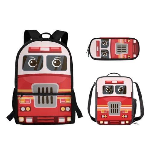 Suhoaziia 3-teiliges Kinder-Schulrucksack-Set mit isolierter Lunchtasche, Federmäppchen, Grundschule, Mittelhochschüler, Rucksack, Büchertasche, Roter Schulbus, Tagesrucksäcke von Suhoaziia