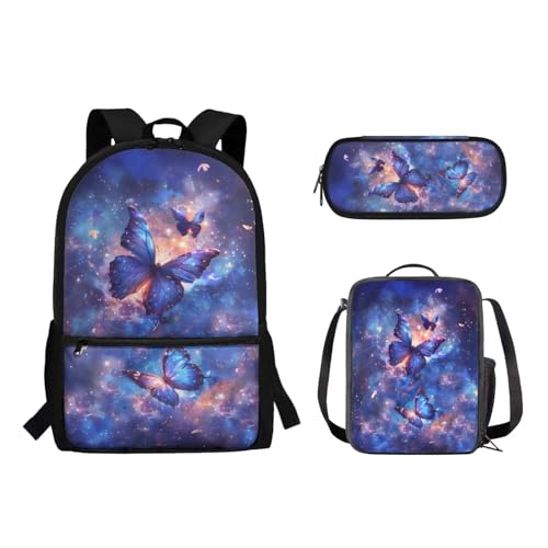 Suhoaziia 3-teiliges Kinder-Schulrucksack-Set mit isolierter Lunchtasche, Federmäppchen, Grundschule, Mittelhochschüler, Rucksack, Büchertasche, Schmetterling, Galaxie, Sterne, Tagesrucksäcke von Suhoaziia